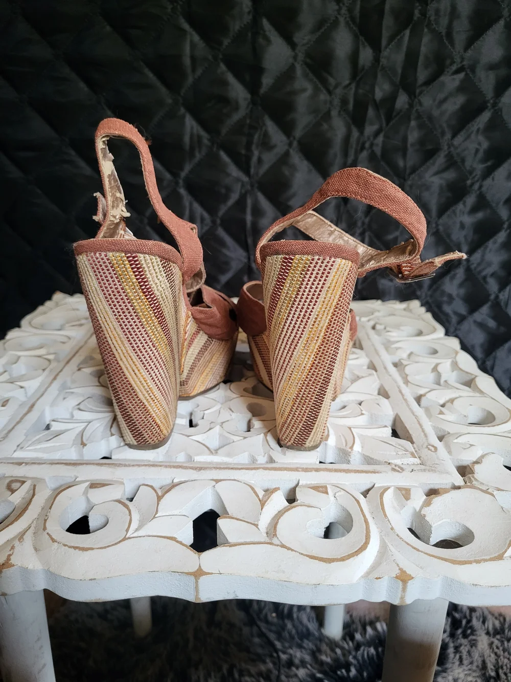 BCBG Rust and Multi-Stripe Platform Wedge Sandals